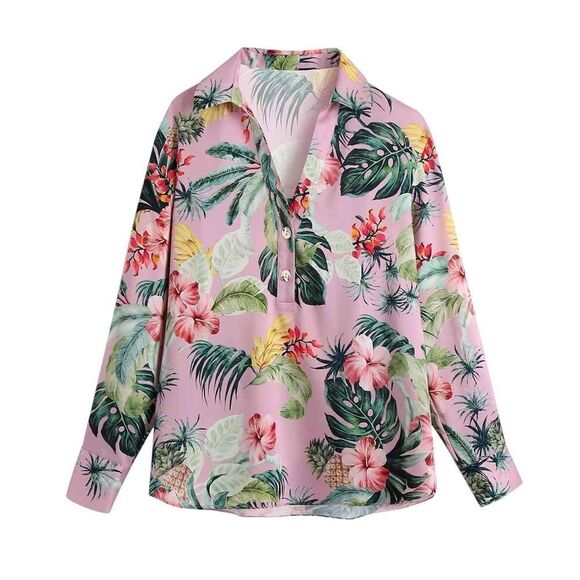 Zara Pink Lapel Tropical Rainforest Print Long Sleeve Blouse size Medium - Picture 9 of 9